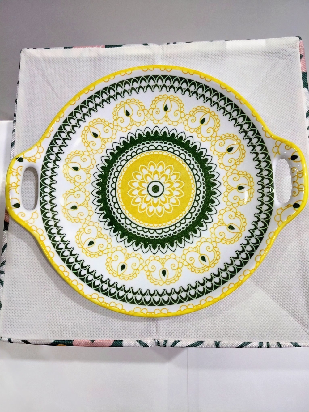 Nestasia Round Ceramic Baking Dish with Yellow & Green Mandala Pattern